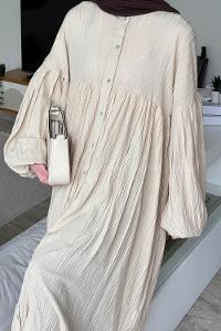 Lamelif Balon Kol Uzun Tesettür Elbise Krem