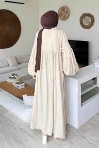 Lamelif Balon Kol Uzun Tesettür Elbise Krem