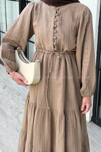 Lamelif Bel Büzgülü Tesettür Elbise Vizonrengi