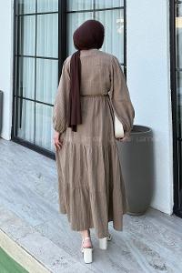 Lamelif Bel Büzgülü Tesettür Elbise Vizonrengi