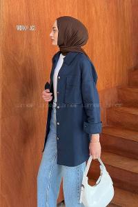 Lamelif Bombe Cepli Gabardin Gömlek Lacivert