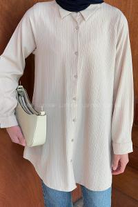 Lamelif Çizgi Geçişli Tesettür Gömlek Bej