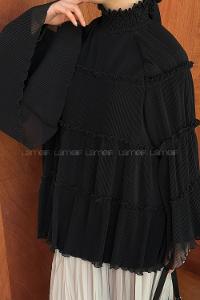 Lamelif Kat Kat Fırfırlı Şifon Tesettür Tunik Siyah