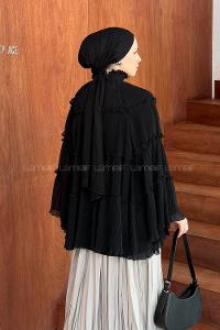 Lamelif Kat Kat Fırfırlı Şifon Tesettür Tunik Siyah