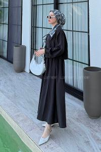 Lamelif Ön Çift Bağcık Detaylı Kısa Kimono Etek Tesettür Takım Antrasit