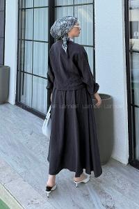 Lamelif Ön Çift Bağcık Detaylı Kısa Kimono Etek Tesettür Takım Antrasit