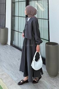 Lamelif Ön Çift Bağcık Detaylı Kısa Kimono Etek Tesettür Takım Gri