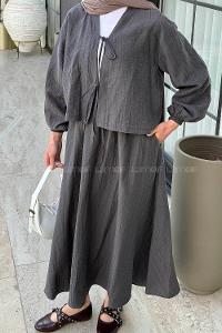 Lamelif Ön Çift Bağcık Detaylı Kısa Kimono Etek Tesettür Takım Gri