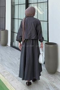 Lamelif Ön Çift Bağcık Detaylı Kısa Kimono Etek Tesettür Takım Gri