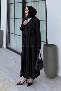 Lamelif Pileli Etek-Ceketli Tesettür Takım Siyah