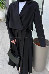 Lamelif Pileli Etek-Ceketli Tesettür Takım Siyah