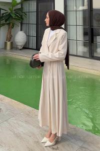 Lamelif Pileli Etek-Ceketli Tesettür Takım Taş Rengi