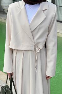 Lamelif Pileli Etek-Ceketli Tesettür Takım Taş Rengi