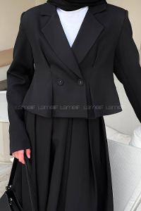 Lamelif Pileli Etek-Kruvaze Ceketli İkili Takım Siyah