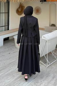 Lamelif Pileli Etek-Kruvaze Ceketli İkili Takım Siyah