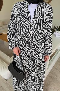 Lamelif Yarasa Kol Baskılı Zebra Desen Tesettür Elbise Siyah Beyaz