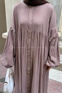 Lamelif Balon Kol Uzun Tesettür Elbise Soft Kahve