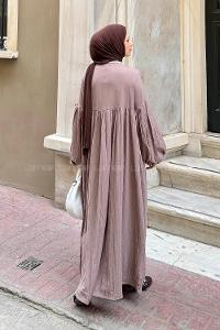 Lamelif Balon Kol Uzun Tesettür Elbise Soft Kahve