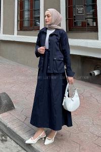 Navy Blue Shirt Collar Long Arm Gabardin Flare Suit