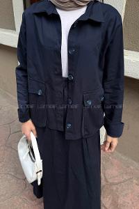 Navy Blue Shirt Collar Long Arm Gabardin Flare Suit