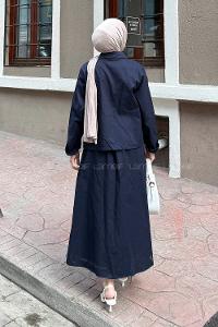 Navy Blue Shirt Collar Long Arm Gabardin Flare Suit