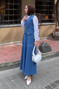 Lamelif Denim Yelek-Etek İkili Tesettür Takım Mavi