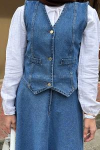 Lamelif Denim Yelek-Etek İkili Tesettür Takım Mavi
