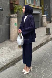 Lamelif İki Bağcıklı Pantolonlu Tesettür Takım Lacivert
