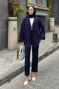 Lamelif İki Bağcıklı Pantolonlu Tesettür Takım Lacivert