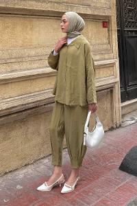 Lamelif Modal Kumaş Gömlek Pantolon İkili Tesettür Takım Çağla Yeşili