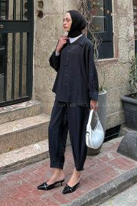 Lamelif Modal Kumaş Gömlek Pantolon İkili Tesettür Takım Siyah