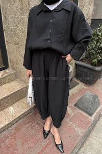 Lamelif Modal Kumaş Gömlek Pantolon İkili Tesettür Takım Siyah