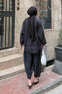 Lamelif Modal Kumaş Gömlek Pantolon İkili Tesettür Takım Siyah