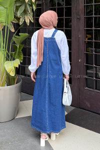 Lamelif Ön Cep Detaylı Denim Salopet Elbise Koyu Mavi