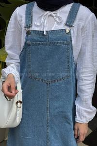 Lamelif Ön Cep Detaylı Denim Salopet Elbise Mavi