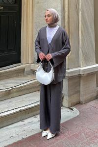 Lamelif Ön Çift Bağcık Detaylı Kimono Takım Antrasit