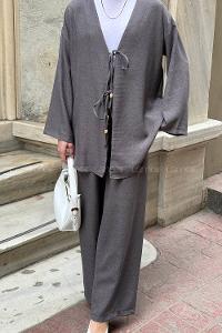 Lamelif Ön Çift Bağcık Detaylı Kimono Takım Antrasit