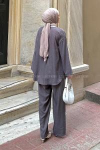 Lamelif Ön Çift Bağcık Detaylı Kimono Takım Antrasit