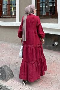 Claret Red Mandarin Collar Cotton Unprinted Dresess