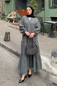 Gray Mandarin Collar Cotton Unprinted Dresess