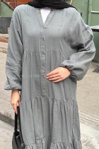 Gray Mandarin Collar Cotton Unprinted Dresess