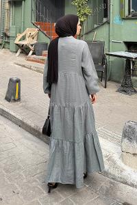 Gray Mandarin Collar Cotton Unprinted Dresess