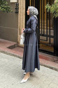 Lamelif Önü Dikişli Tesettür Elbise Kot Mavisi