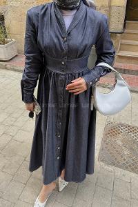 Lamelif Önü Dikişli Tesettür Elbise Kot Mavisi