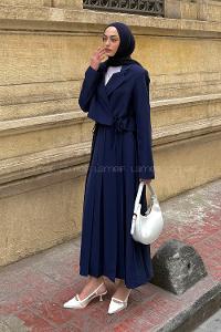 Lamelif Pileli Etek-Ceketli Tesettür Takım Lacivert