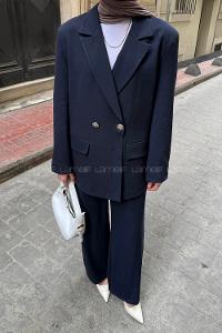 Lamelif Vatkalı Blazer Ceket-Pantolon İkili Takım Lacivert