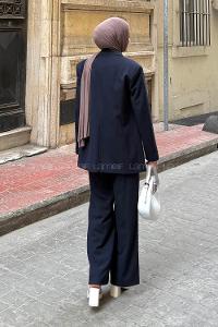 Lamelif Vatkalı Blazer Ceket-Pantolon İkili Takım Lacivert