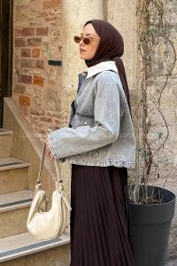 Lamelif Çıtçıtlı Krem Gömlek Yaka Detaylı Denim Ceket Gri