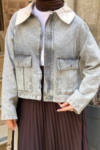 Lamelif Çıtçıtlı Krem Gömlek Yaka Detaylı Denim Ceket Gri