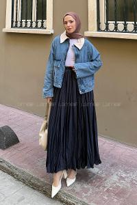 Lamelif Çıtçıtlı Krem Gömlek Yaka Detaylı Denim Ceket Kot Mavisi